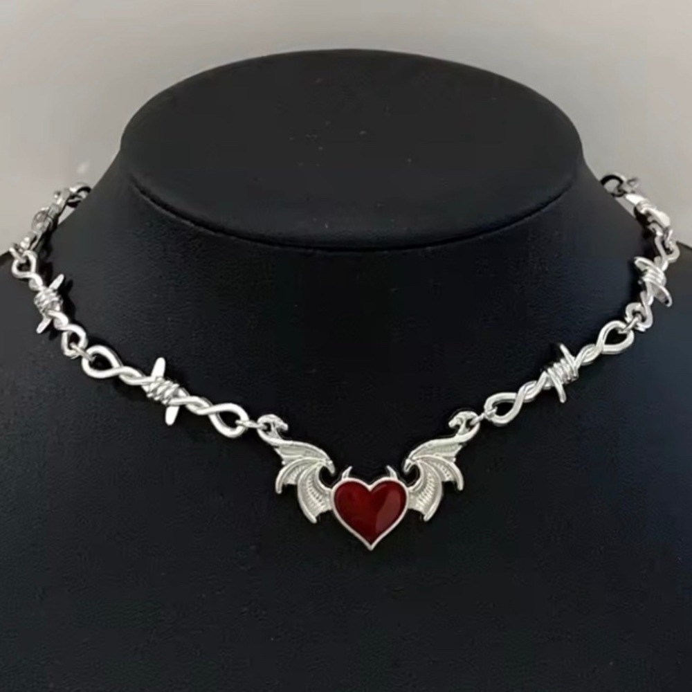 Valentine's Day Red Heart Barbed Wire Angel Wings Necklace Cupid Love Gift 21in